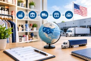 USA wholesale distributor supply chain with warehouse, retail store, and delivery truck