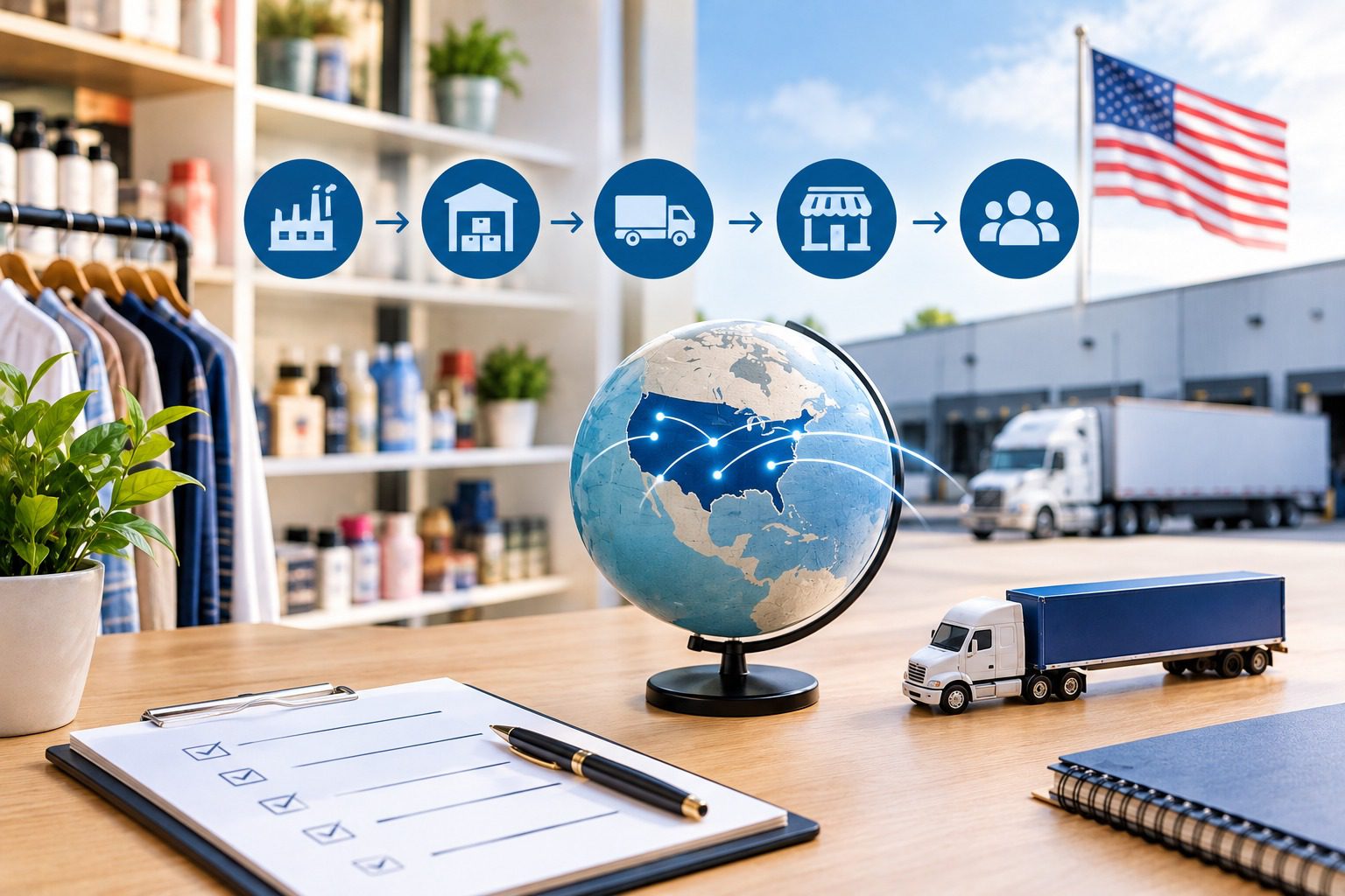 USA wholesale distributor supply chain with warehouse, retail store, and delivery truck