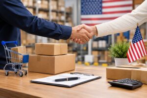 Wholesale companies USA warehouse with bulk products and business handshake